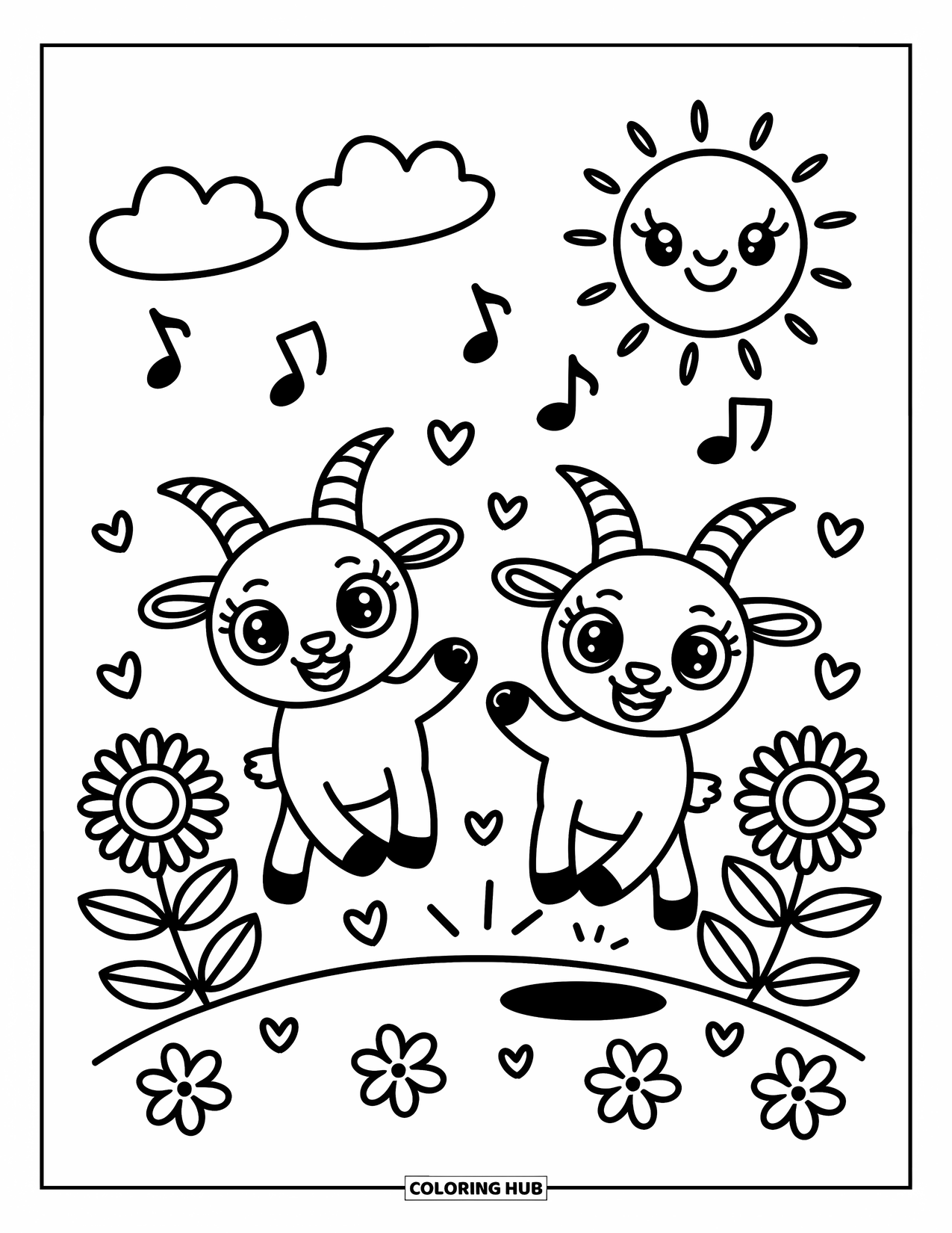 Desenho de Cabra para Colorir para Adultos: Duas cabras felizes saltam sobre uma colina com girassóis, notas musicais e corações