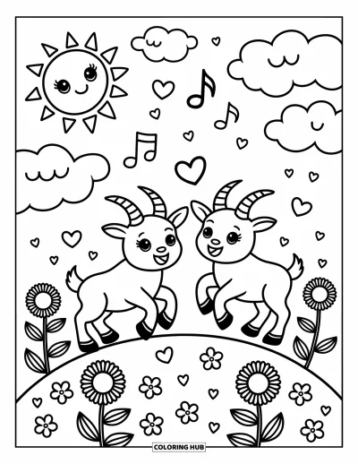 Desenho de Cabra para Colorir para Adultos: Duas cabras brincalhonas pulam sobre flores com um sol sorrindo e corações flutuantes