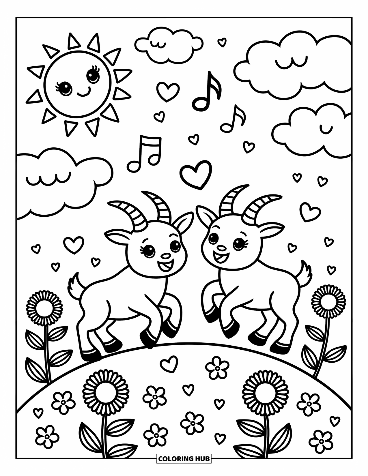 Desenho de Cabra para Colorir para Adultos: Duas cabras brincalhonas pulam sobre flores com um sol sorrindo e corações flutuantes