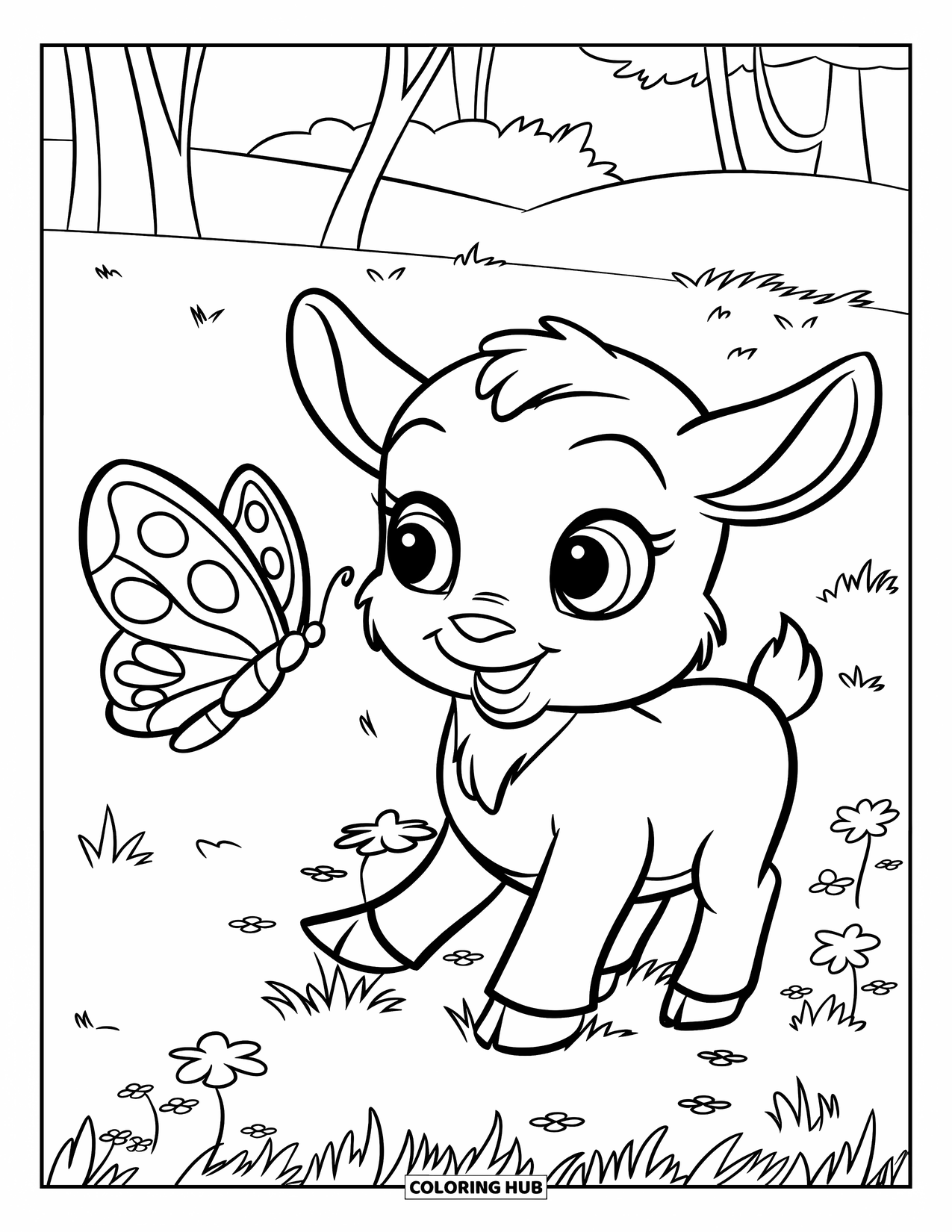 Desenho de Cabra para Colorir para Crianças: Um cabrito com uma camisa verde brinca com uma borboleta de olhos arregalados na grama