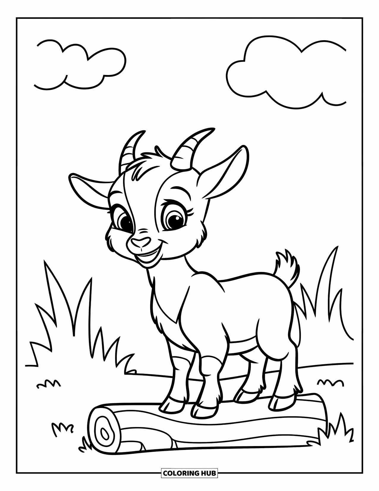 Desenho de Cabra para Colorir para Crianças: Um cabrito está feliz em um tronco com grama e uma nuvem acima