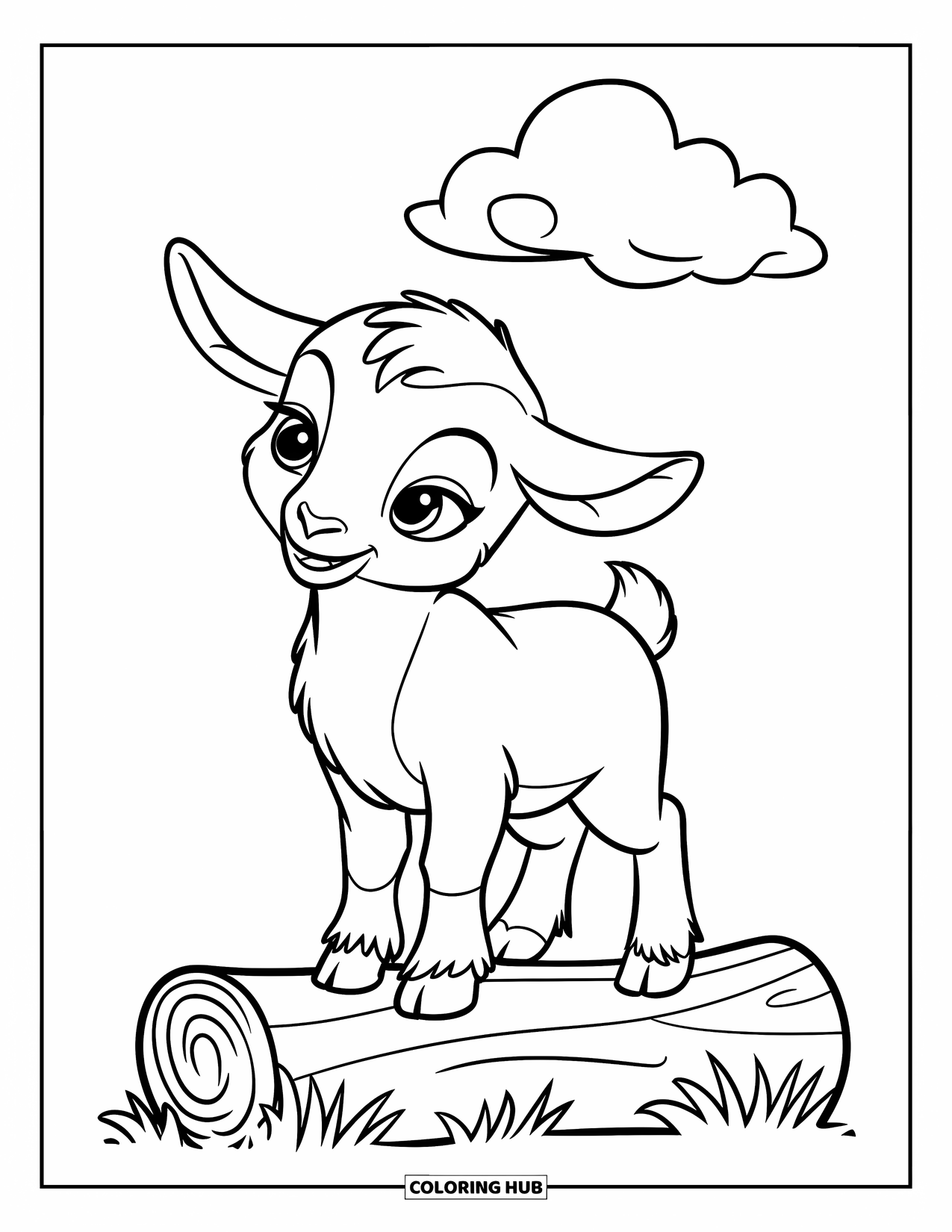 Desenho de Cabra para Colorir para Crianças: Um cabrito está em um tronco sob uma nuvem branca fofa