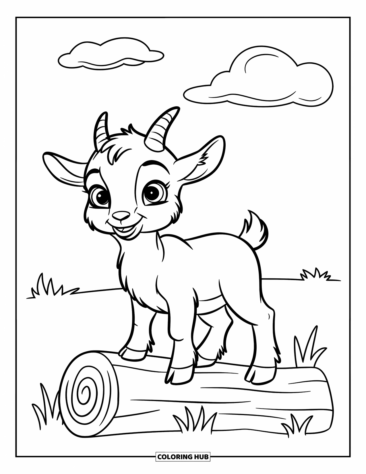 Desenho de Cabra para Colorir para Crianças: Um cabrito está orgulhosamente em um tronco com uma nuvem acima