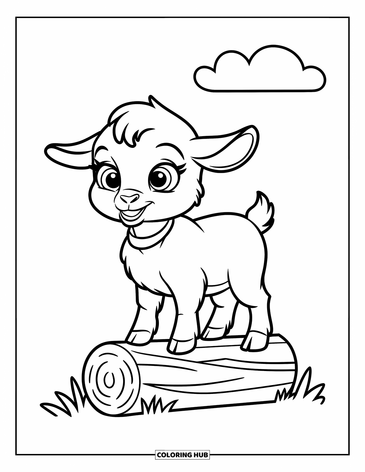 Desenho de Cabra para Colorir para Crianças: Um cabrito com olhos grandes está em um tronco na grama