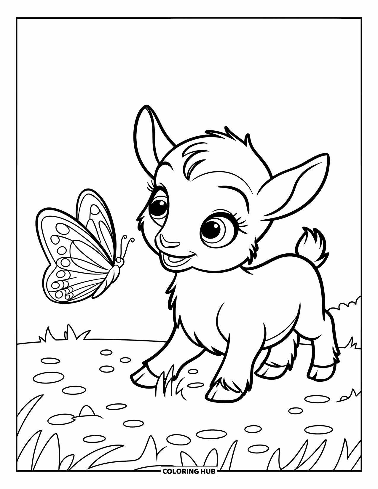 Desenho de Cabra para Colorir para Crianças: Um cabrito com orelhas caídas brinca com uma borboleta na grama