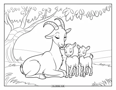 Desenho de Cabra para Colorir para Crianças: Uma cabra mãe calma e seus filhotes descansam sob uma árvore frondosa em um terreno gramado