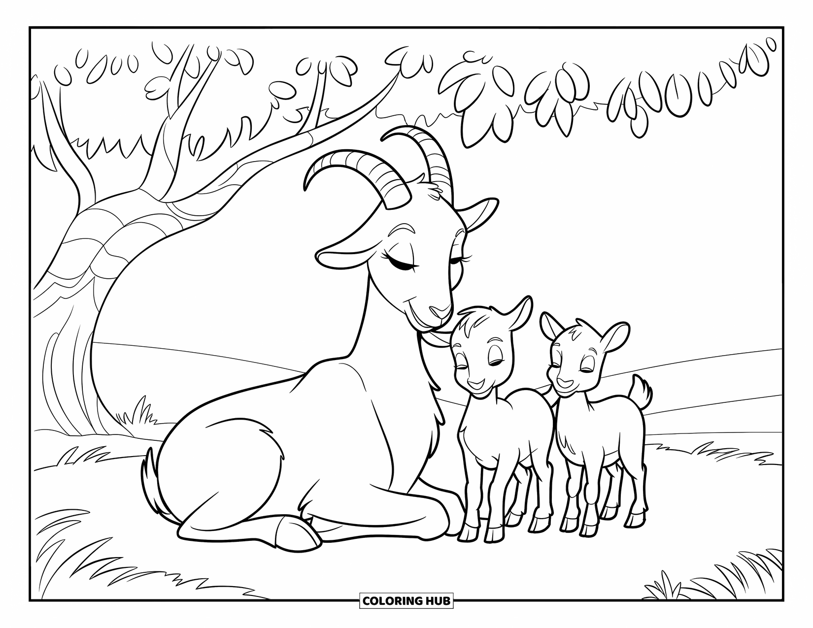 Desenho de Cabra para Colorir para Crianças: Uma cabra mãe calma e seus filhotes descansam sob uma árvore frondosa em um terreno gramado