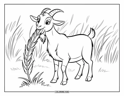 Desenho de Cabra para Colorir para Crianças: Uma cabra alegre desfruta de um bocado de grama em um campo ensolarado