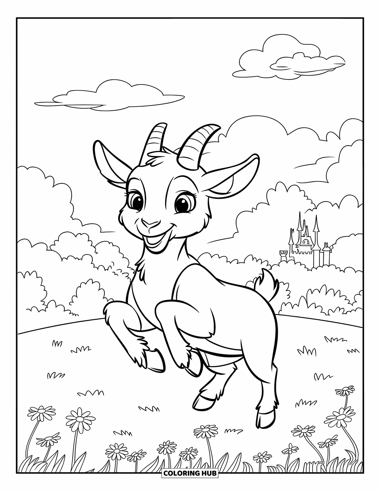 Desenho de Cabra para Colorir para Crianças: Uma cabra alegre pula em um prado cheio de flores com um castelo atrás