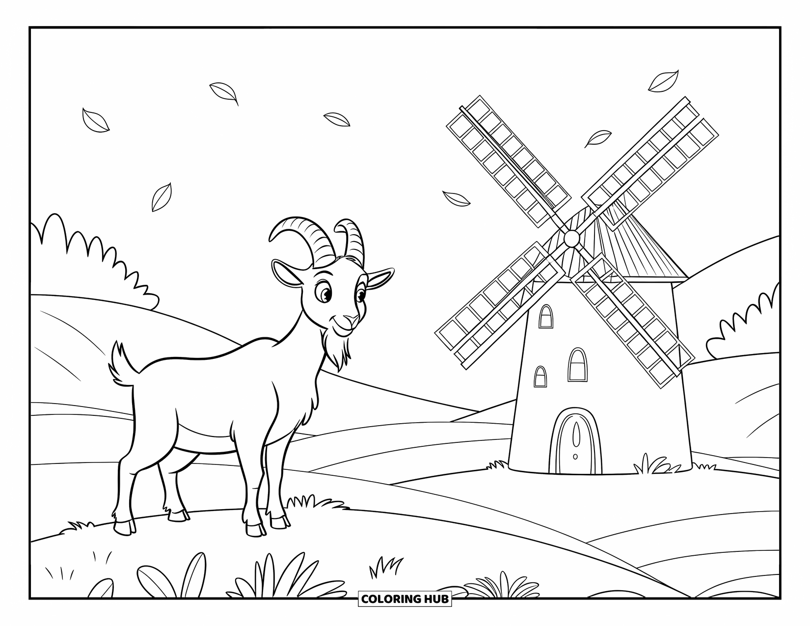 Desenho de Cabra para Colorir para Crianças: Uma cabra alegre está perto de um moinho de vento sob um céu brilhante com folhas à deriva