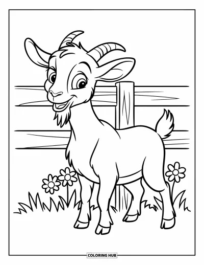 Desenho de Cabra para Colorir para Crianças: Uma cabra alegre está perto de uma cerca de madeira com flores ao redor
