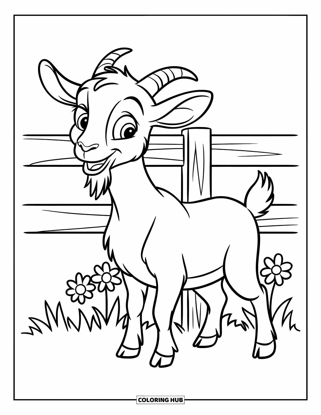 Desenho de Cabra para Colorir para Crianças: Uma cabra alegre está perto de uma cerca de madeira com flores ao redor