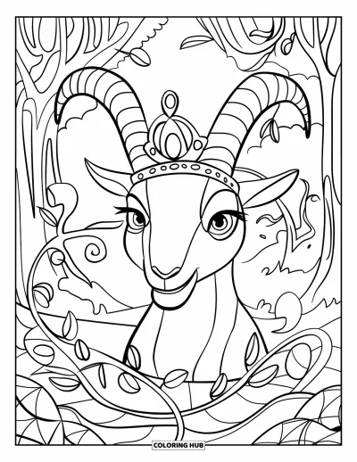Desenho de Cabra para Colorir para Crianças: Uma cabra coroada está orgulhosamente entre vinhas e redemoinhos de floresta frondosa