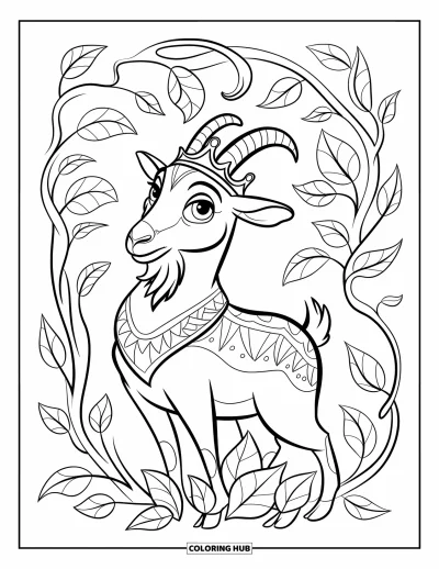 Desenho de cabra para colorir para crianças: Uma cabra coroada cercada por vinhas enroladas e folhas da floresta