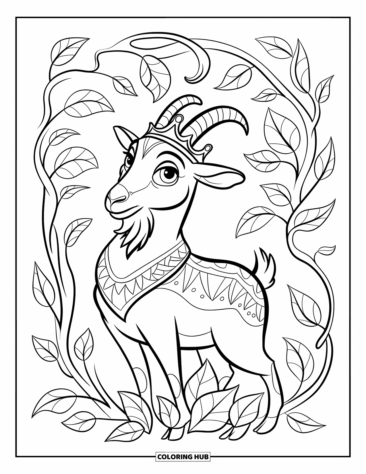 Desenho de Cabra para Colorir para Crianças: Uma cabra coroada está cercada por vinhas enroladas e folhas de floresta