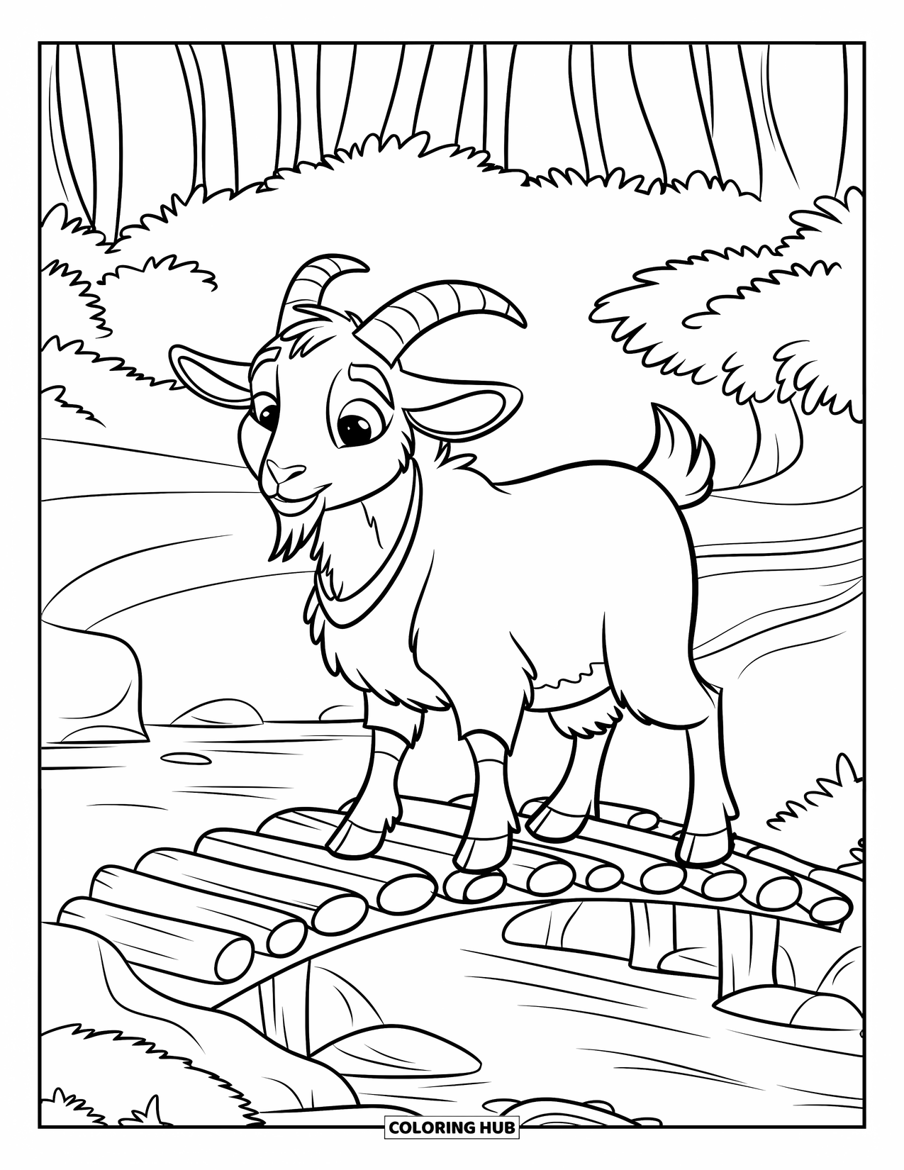 Desenho de Cabra para Colorir para Crianças: Uma cabra curiosa está em uma ponte de madeira sobre um riacho tranquilo
