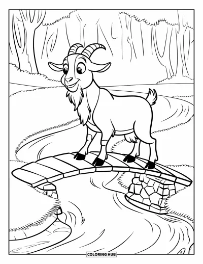 Desenho de Cabra para Colorir para Crianças: Uma cabra fofa de casaco está em uma ponte sobre um riacho tranquilo