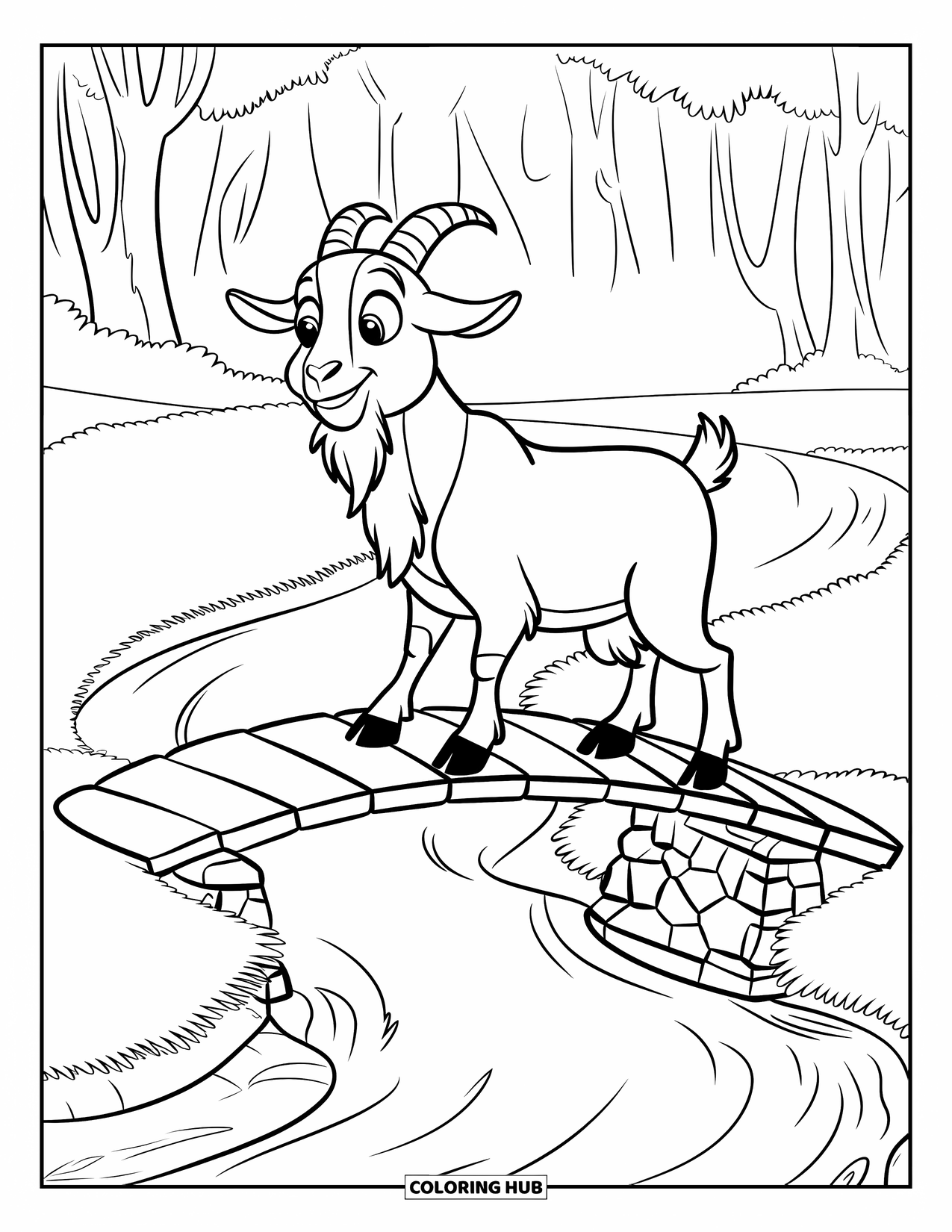 Desenho de Cabra para Colorir para Crianças: Uma cabra fofa de casaco está em uma ponte sobre um riacho tranquilo