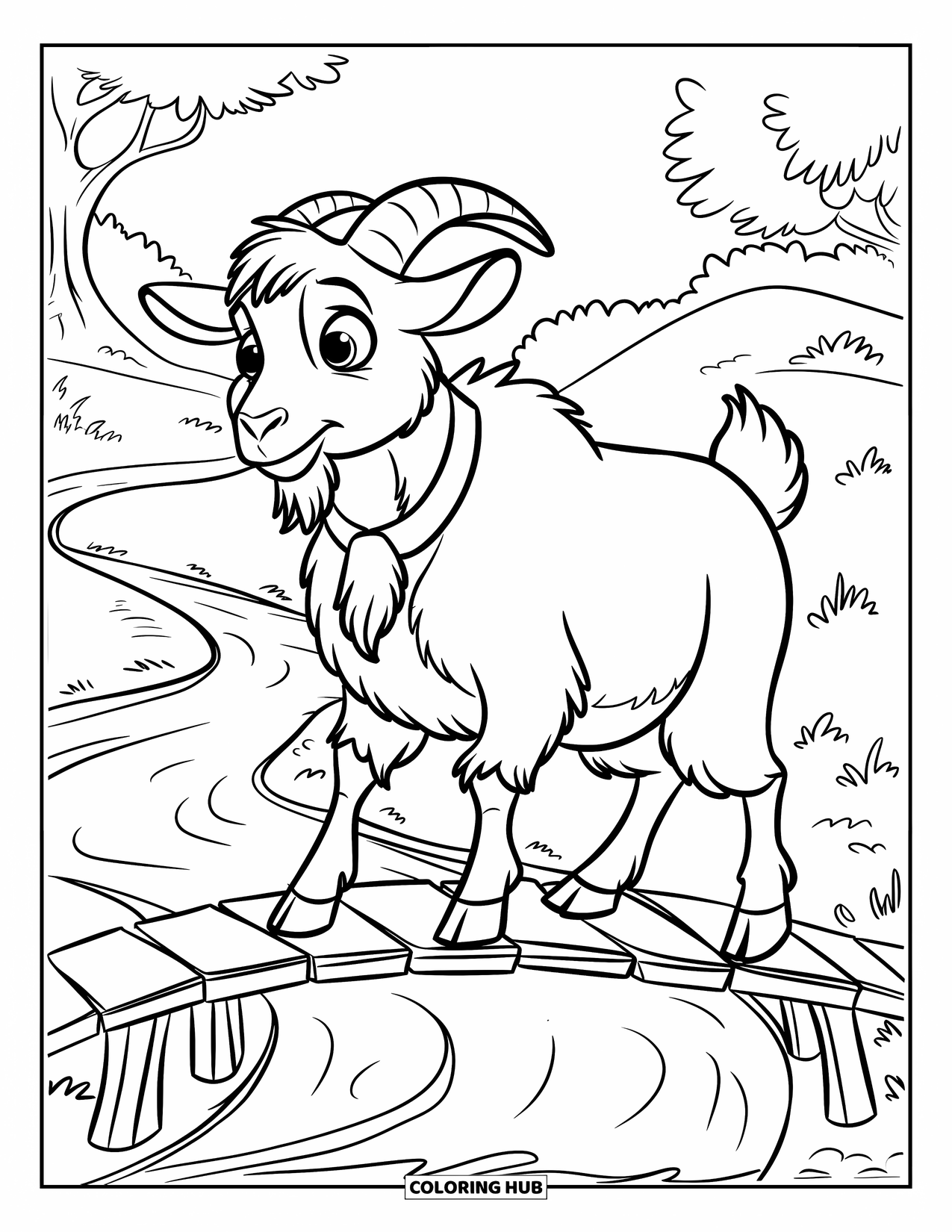 Desenho de Cabra para Colorir para Crianças: Uma cabra fofa com uma coleira está em uma ponte em um vale arborizado