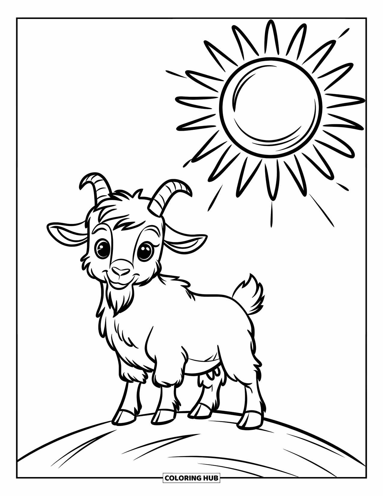 Desenho de Cabra para Colorir para Crianças: Uma cabra fofa com manchas pretas está em uma colina verde sob um grande sol