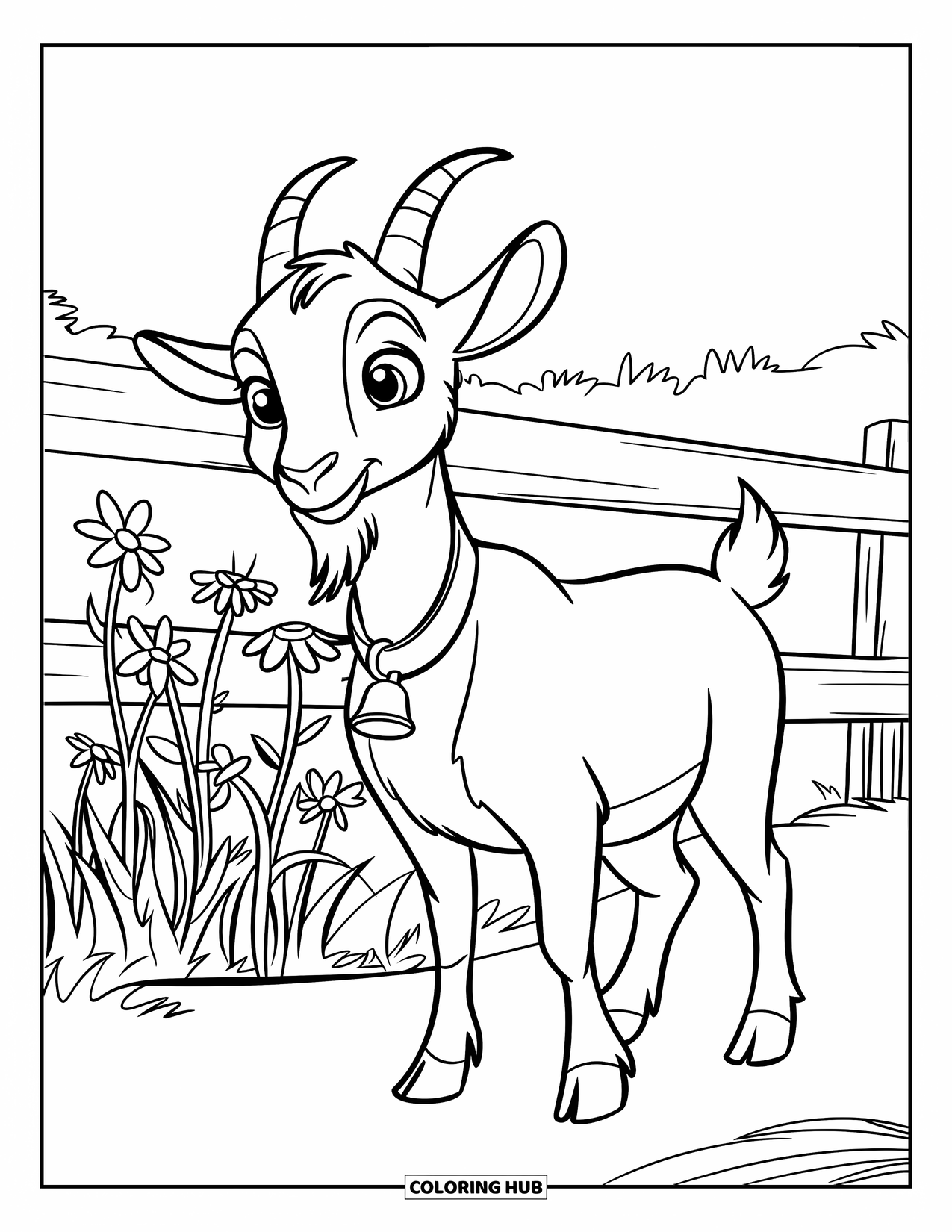 Desenho de Cabra para Colorir para Crianças: Uma cabra amigável com um sino está perto de flores silvestres e uma cerca de madeira