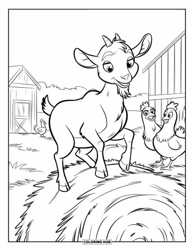 Desenho de Cabra para Colorir para Crianças: Uma cabra se equilibra em um fardo de feno enquanto galinhas observam