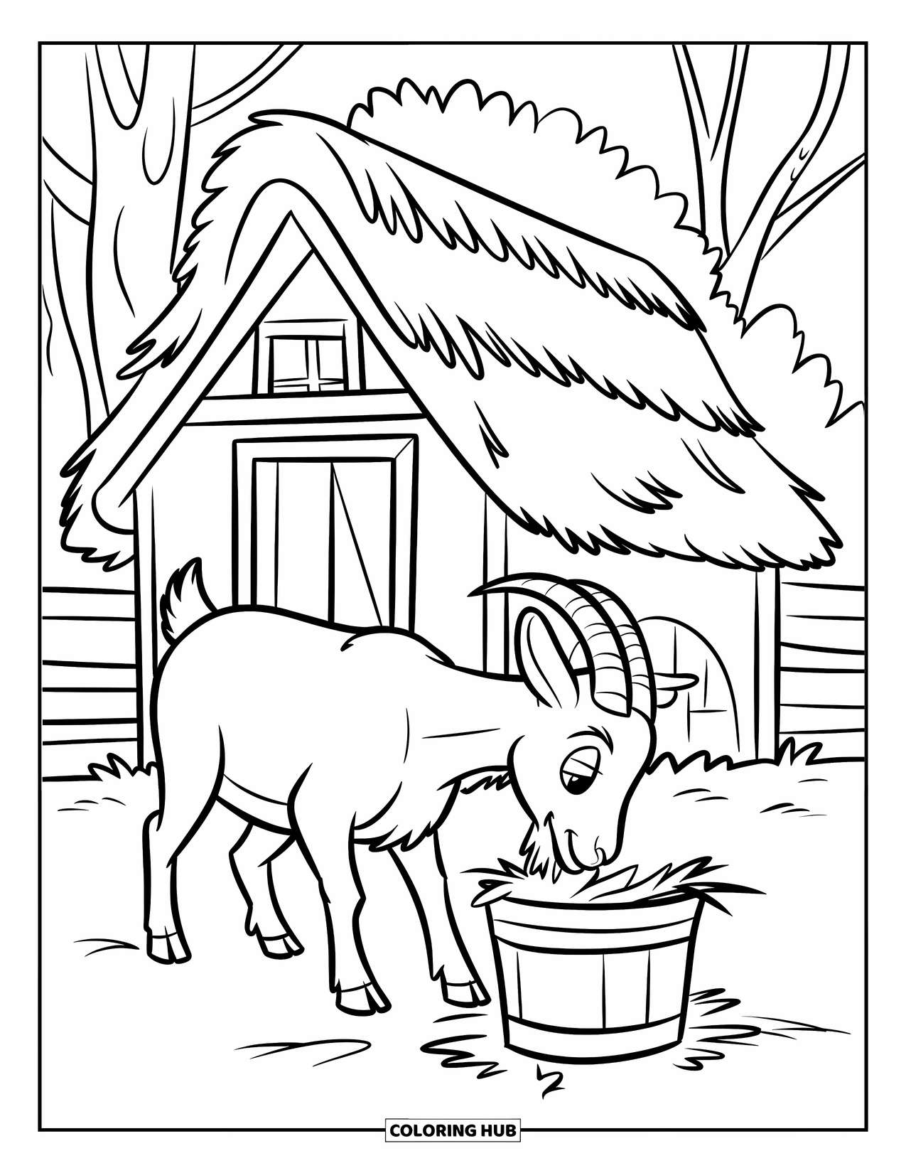 Desenho de Cabra para Colorir para Crianças: Uma cabra come feno ao lado de um pequeno celeiro com árvores ao fundo