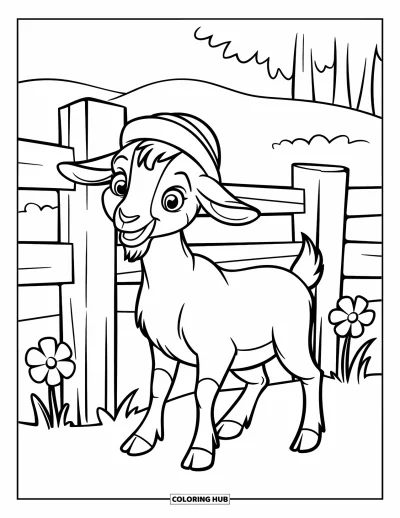 Desenho de Cabra para Colorir para Crianças: Uma cabra com um chapéu verde está ao lado de uma cerca e algumas flores