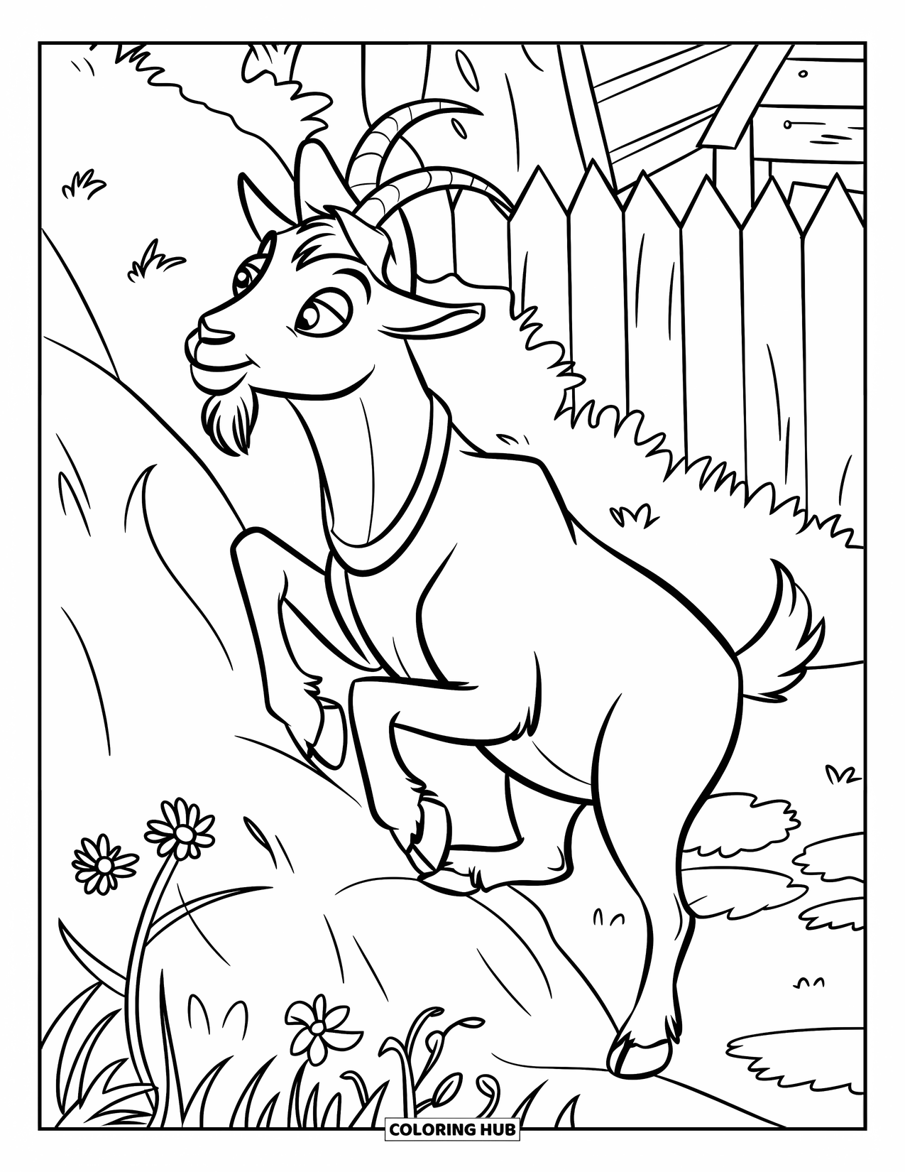 Desenho de Cabra para Colorir para Crianças: Uma cabra de chapéu escala colinas rochosas salpicadas de flores