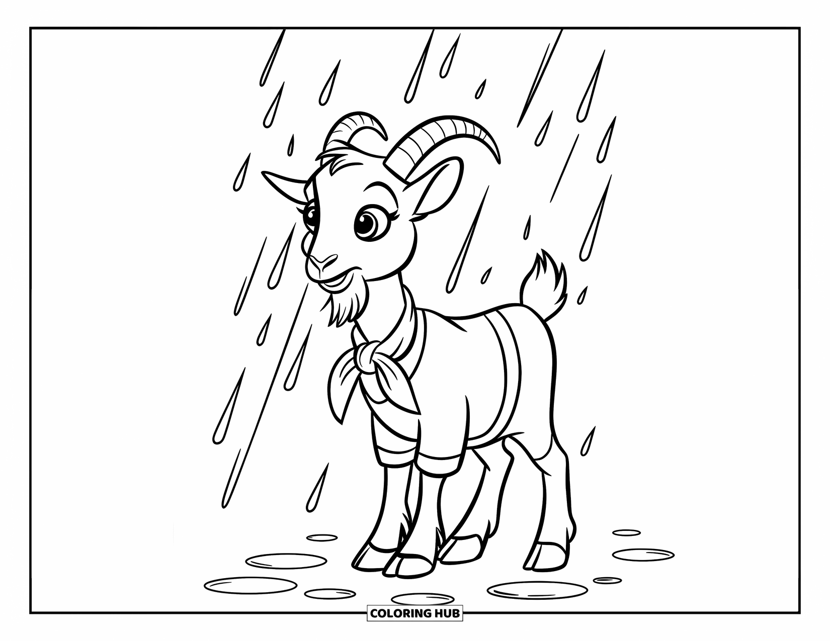 Desenho de Cabra para Colorir para Crianças: Uma cabra com uma camisa amarela e um cachecol azul está na chuva