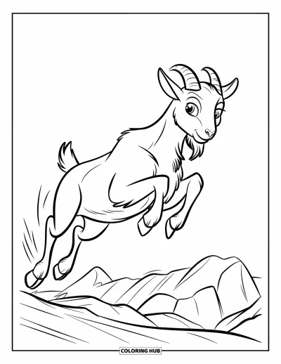Desenho de cabra para colorir para crianças: Uma cabra salta no ar sobre pedras irregulares com olhos expressivos e muita energia