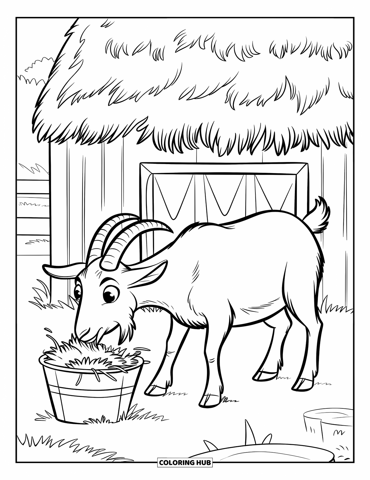 Desenho de Cabra para Colorir para Crianças: Uma cabra mastiga feno de um balde perto de um pequeno celeiro