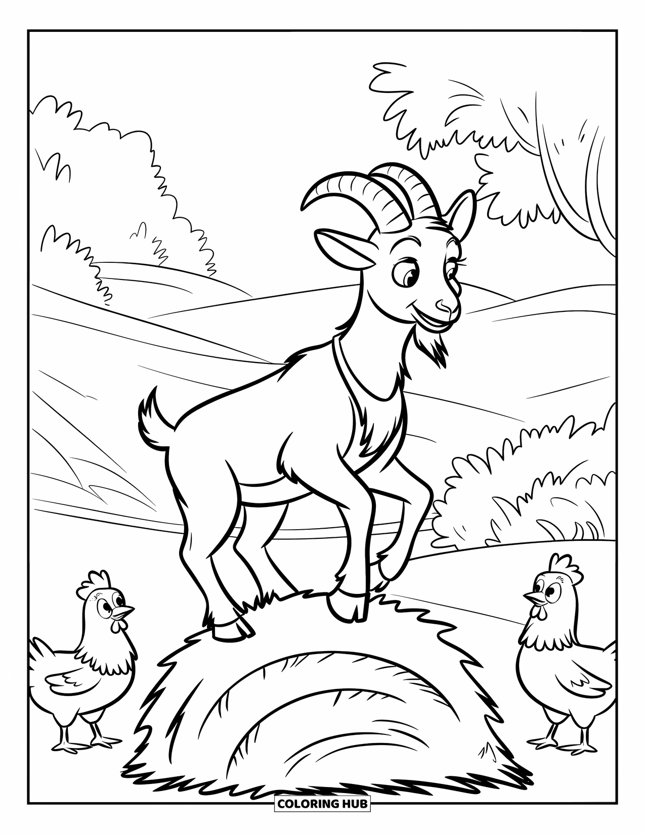 Desenho de Cabra para Colorir para Crianças: Uma cabra em um palheiro surpreende galinhas em um campo tranquilo