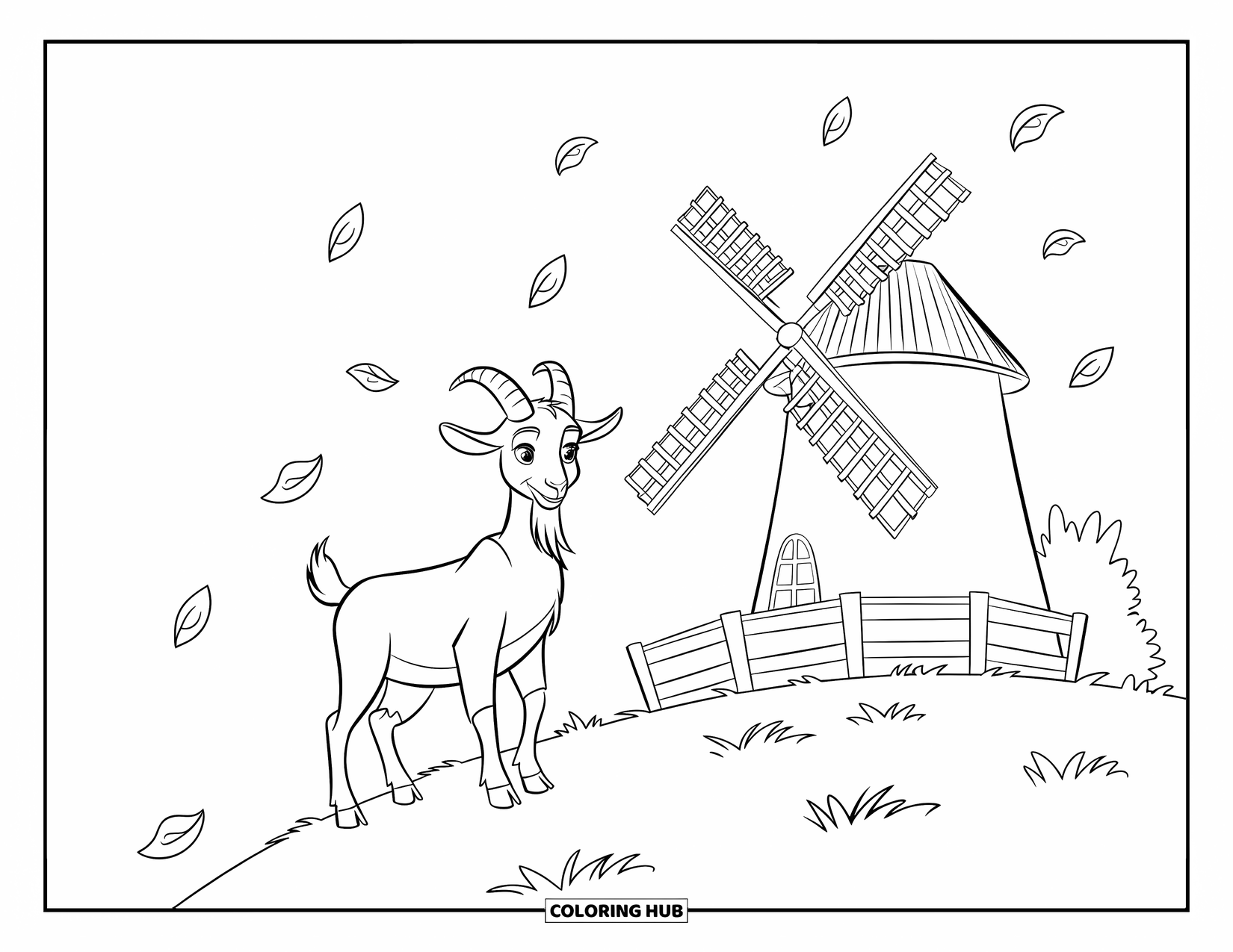 Desenho de Cabra para Colorir para Crianças: Uma cabra descansa em uma colina perto de um moinho de vento enquanto as folhas giram na brisa