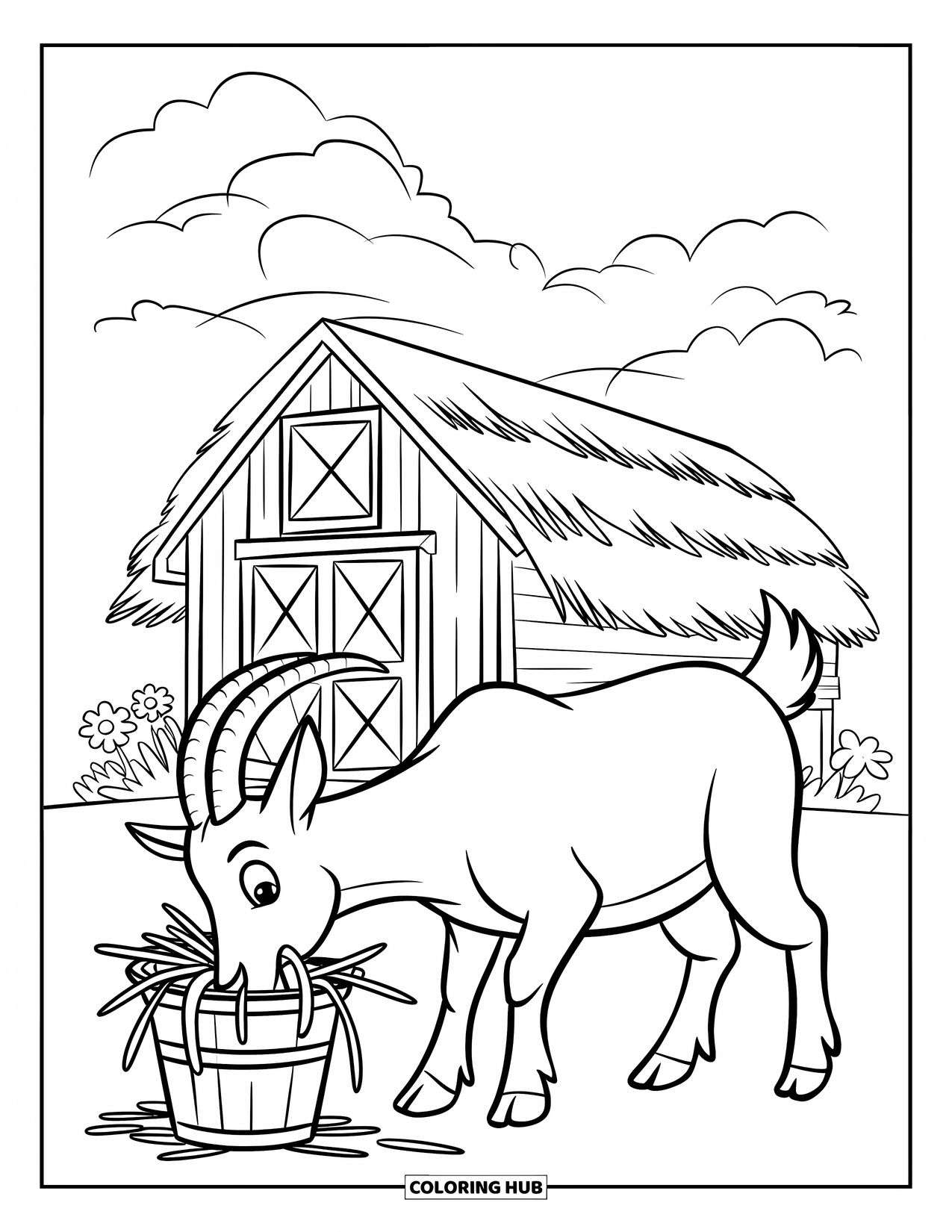 Desenho de Cabra para Colorir para Crianças: Uma cabra está perto de um celeiro, comendo feno alegremente de um balde