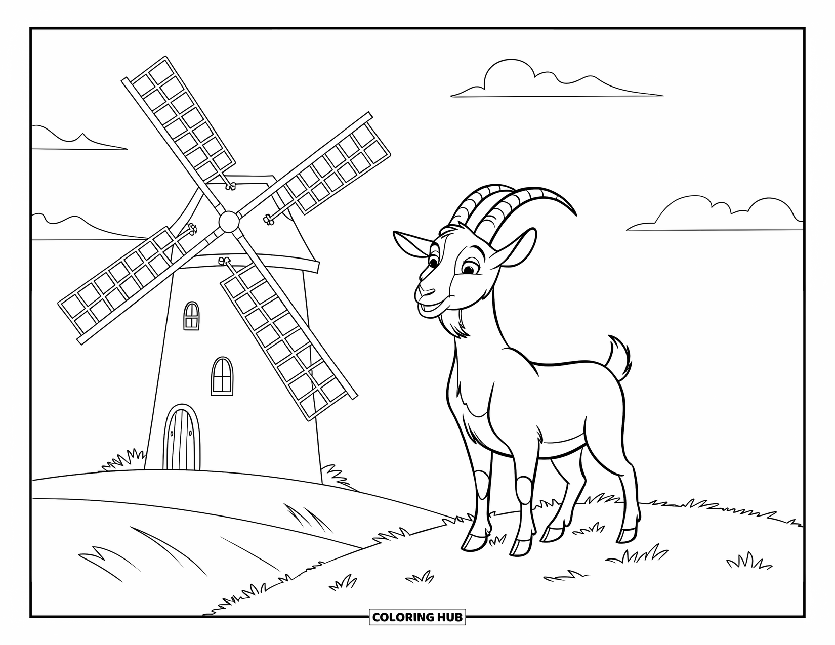 Desenho de Cabra para Colorir para Crianças: Uma cabra está em uma colina gramada ao lado de um moinho de vento com folhas soprando suavemente