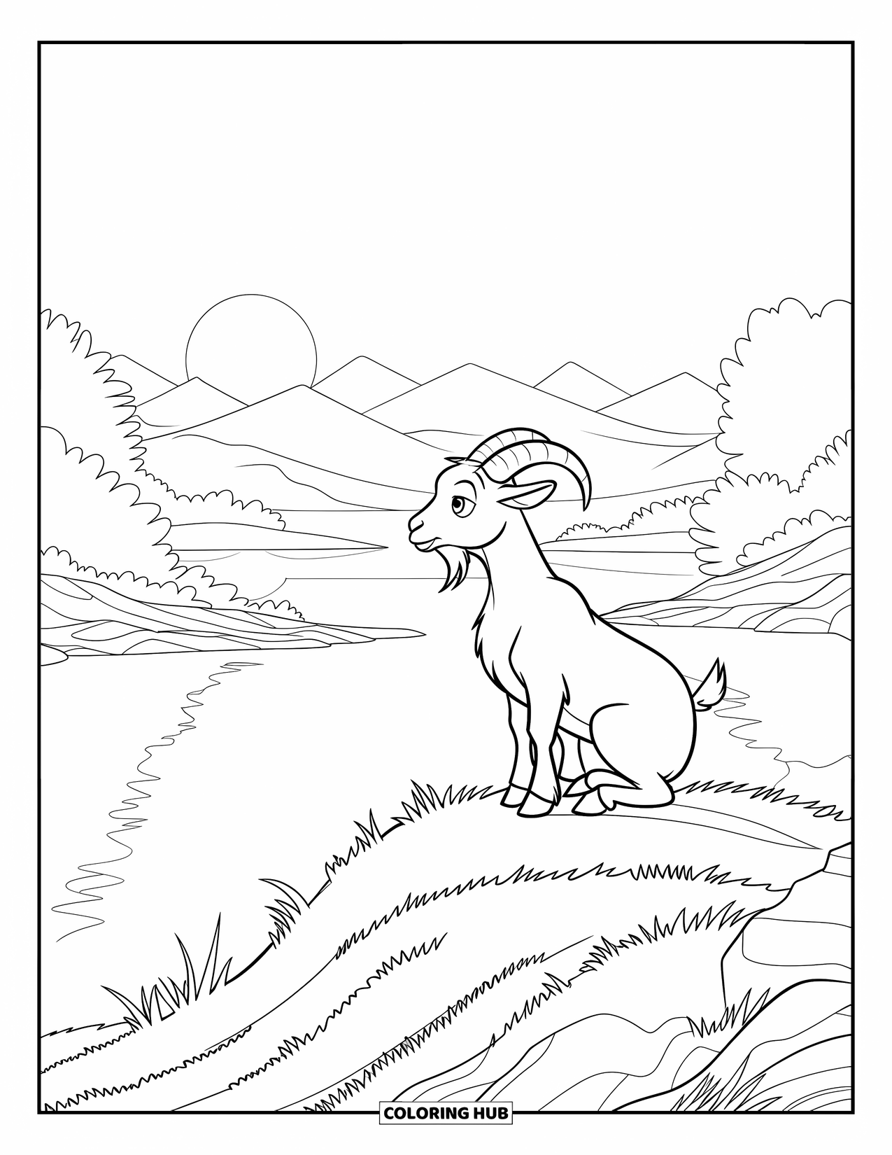 Desenho de Cabra para Colorir para Crianças: Uma cabra está no topo de uma colina, observando o nascer do sol sobre montanhas calmas