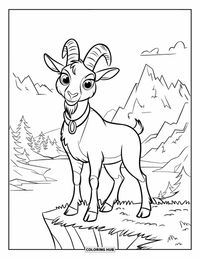 Desenho de Cabra para Colorir para Crianças: Uma cabra está alta em um penhasco com montanhas e árvores à distância