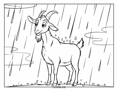 Desenho de Cabra para Colorir para Crianças: Uma cabra está sob chuva leve com nuvens acima e um olhar calmo