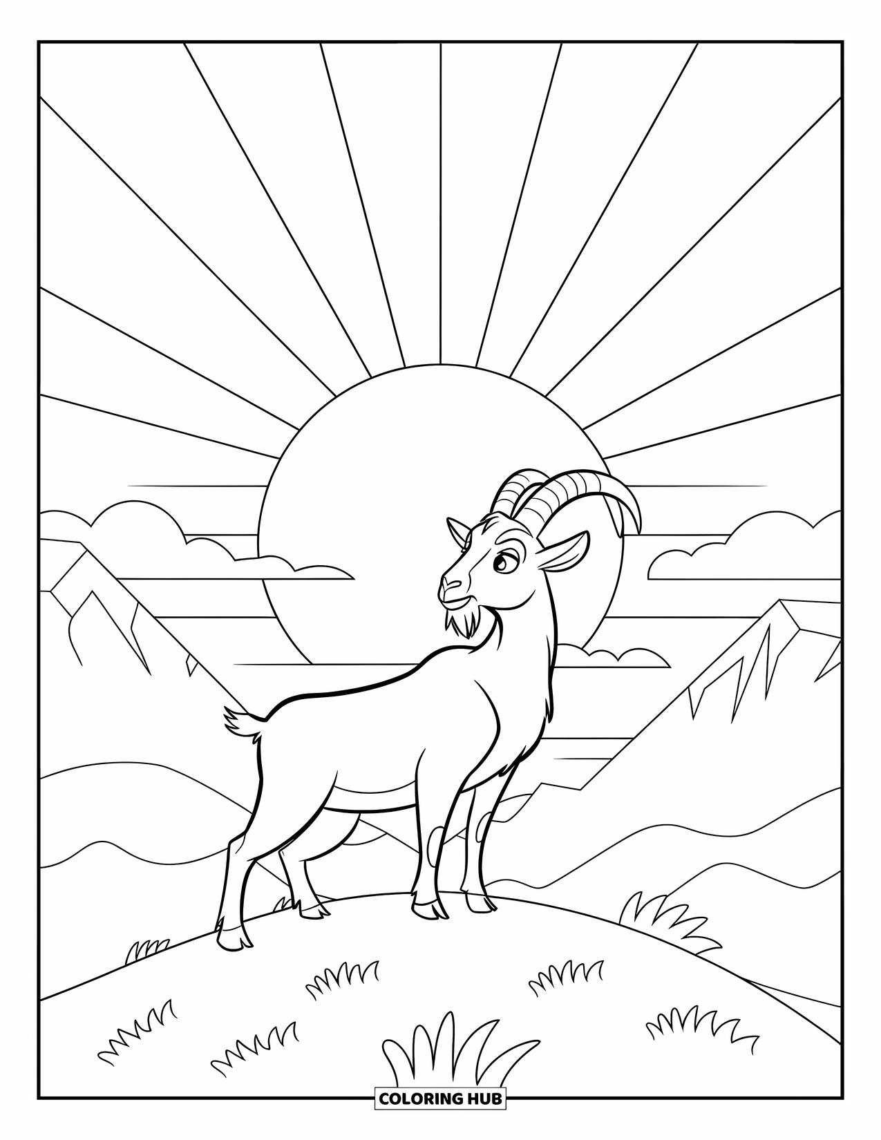 Desenho de Cabra para Colorir para Crianças: Uma cabra observa o nascer do sol de um topo de colina tranquilo