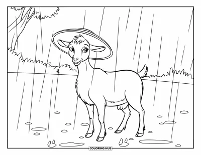 Desenho de Cabra para Colorir para Crianças: Uma cabra usando um chapéu está sob chuva leve em um campo tranquilo e cheio de árvores