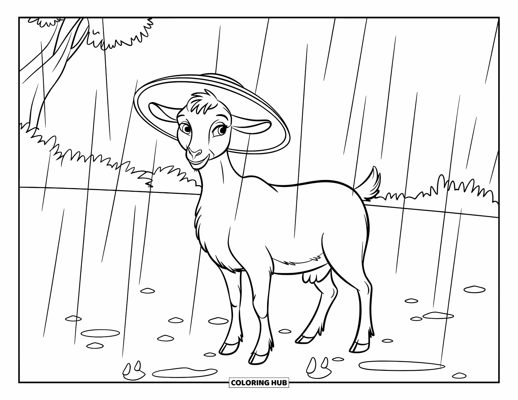 Desenho de Cabra para Colorir para Crianças: Uma cabra usando um chapéu está sob chuva leve em um campo tranquilo e cheio de árvores