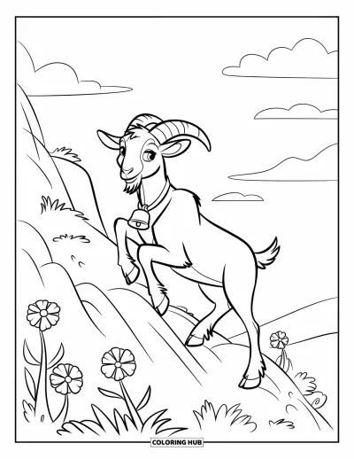 Desenho de Cabra para Colorir para Crianças: Uma cabra com um sino escala rochas cercadas por flores e céus azuis