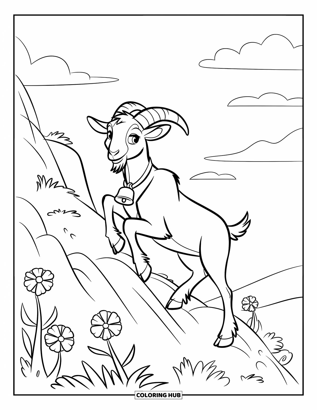 Desenho de Cabra para Colorir para Crianças: Uma cabra com um sino escala rochas cercadas por flores e céus azuis