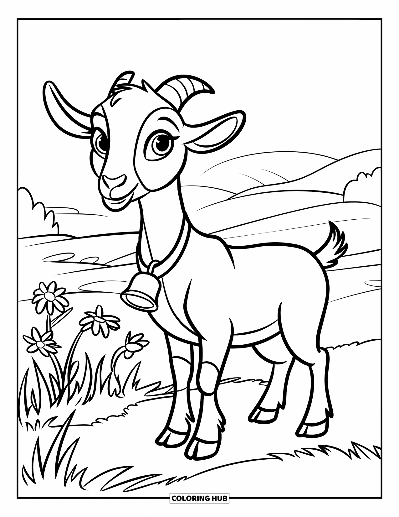 Desenho de Cabra para Colorir para Crianças: Uma cabra com uma coleira de sino está em flores silvestres em terreno gramado