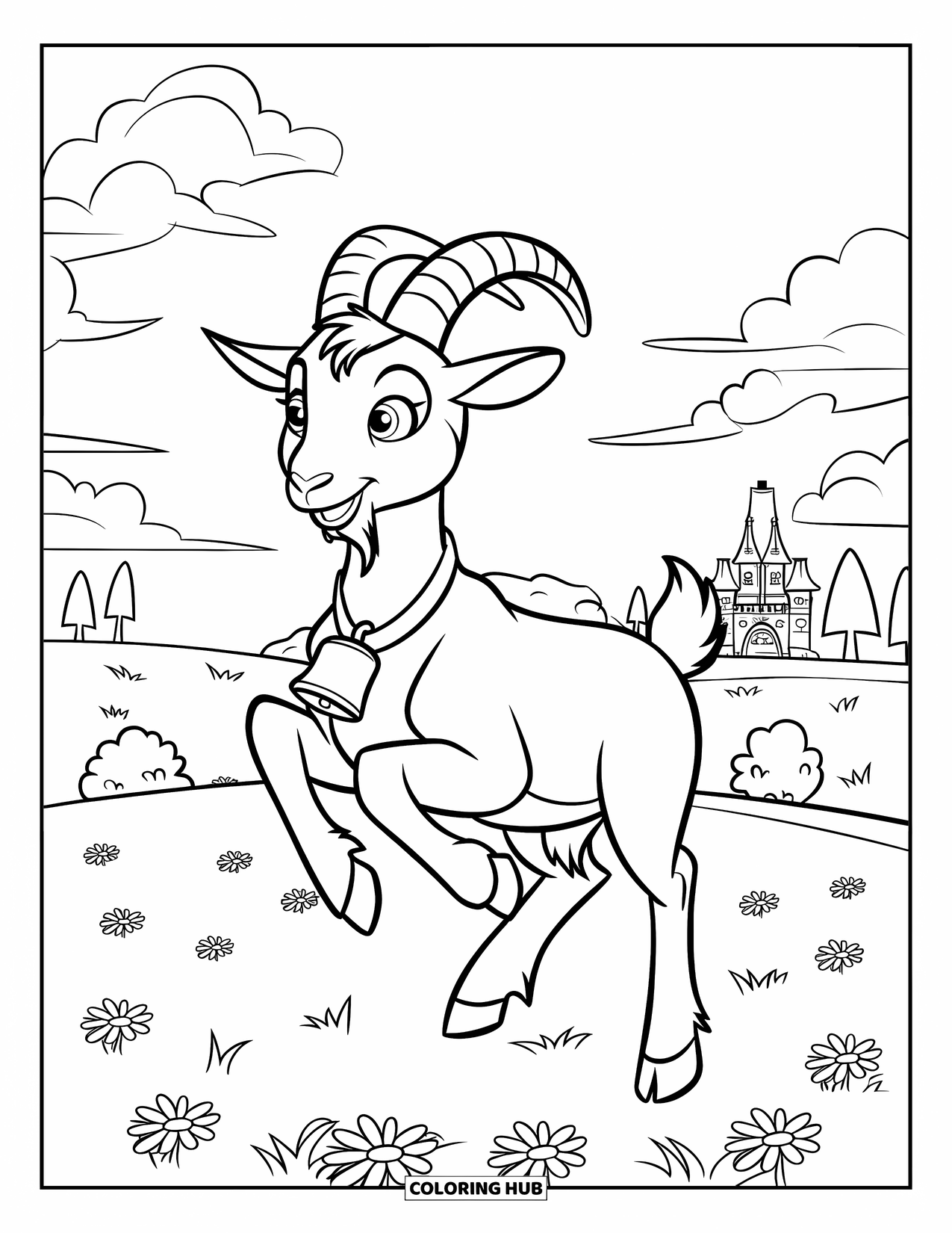 Desenho de Cabra para Colorir para Crianças: Uma cabra com um sino salta por um prado cheio de flores