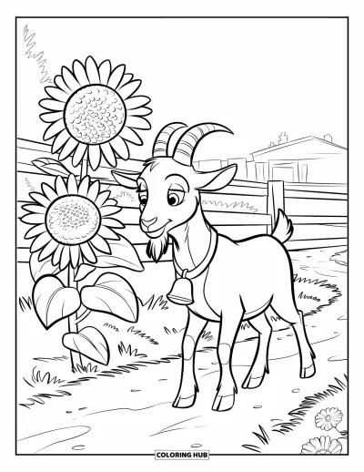 Desenho de Cabra para Colorir para Crianças: Uma cabra com um sino caminha ao lado de girassóis florescendo perto de uma cerca de madeira