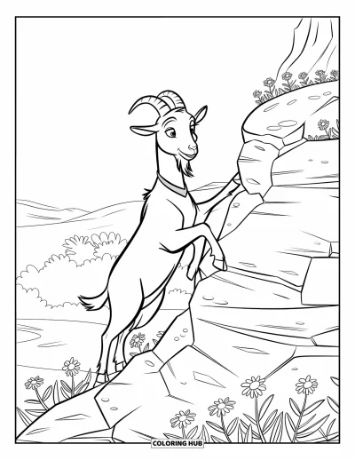 Desenho de Cabra para Colorir para Crianças: Uma cabra com uma coleira escala uma encosta rochosa cheia de pequenas flores