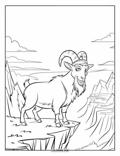 Desenho de Cabra para Colorir para Crianças: Uma cabra com um chapéu está orgulhosamente em um penhasco com montanhas atrás