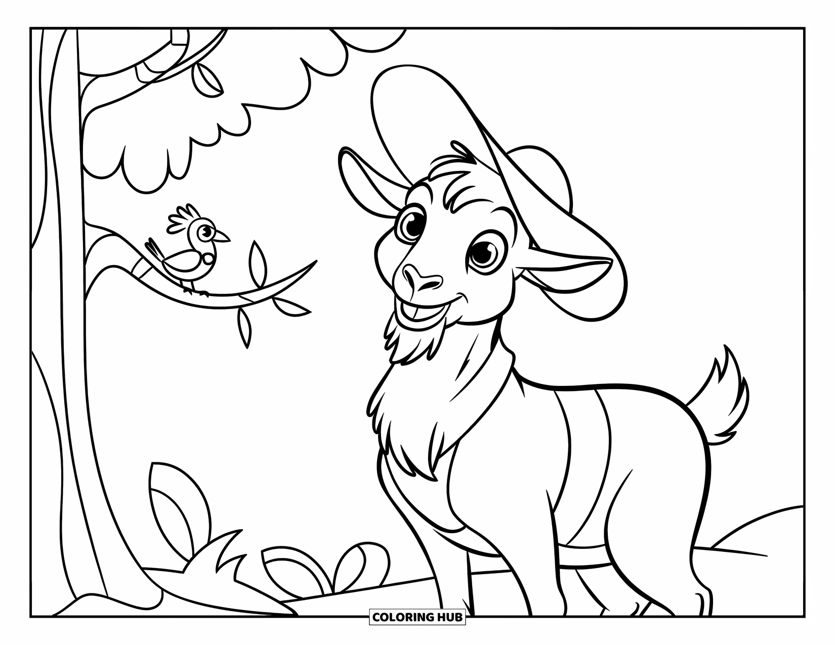 Desenho de Cabra para Colorir para Crianças: Uma cabra com um colete vermelho sorri ao lado de uma árvore com um pássaro no alto